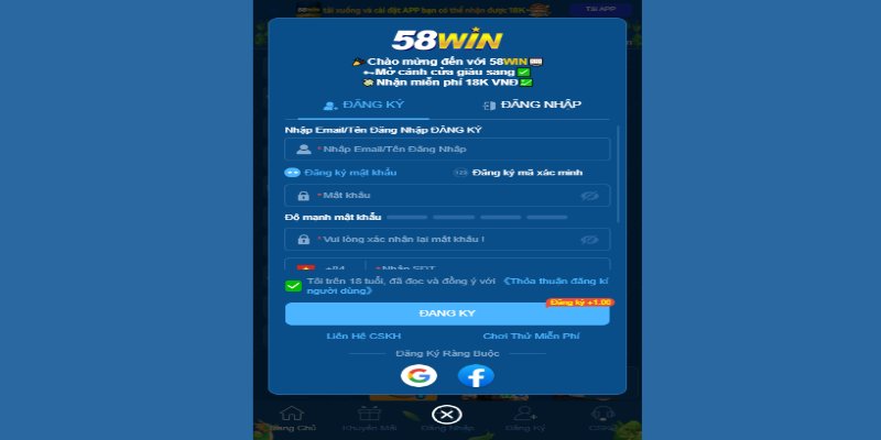 Chỉ cần tải app, bạn có thể đăng ký 58Win cực dễ dàng